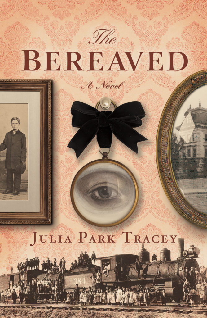 Front cover of the novel THE BEREAVED, featuring pink wallpaper and three old photos: one of a little white boy, one of a building, and the center artwork a painting of a blue eye in a small round gold frame, hung with a black bow.