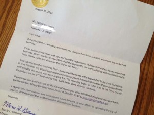 The letter I received naming me Alameda's Poet Laureate.